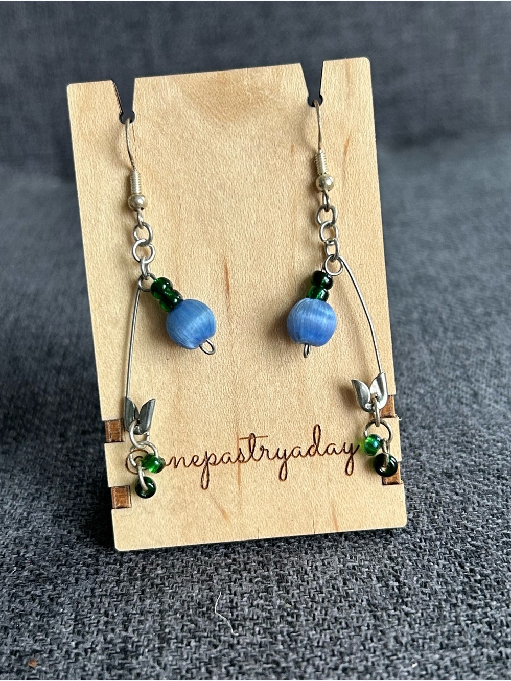 Handcrafted Safety Pin Earrings with Colorful Beads, Silver, Blue, Green - Picture 5 of 15